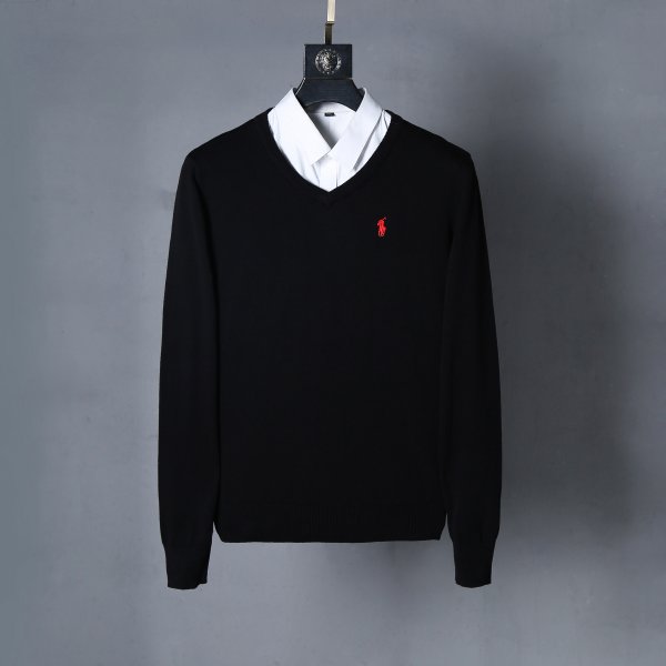 Long-sleeved V-neck knitted sweater with horse logo