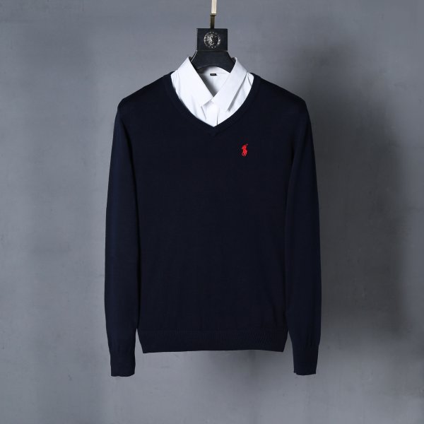 Long-sleeved V-neck knitted sweater with horse logo
